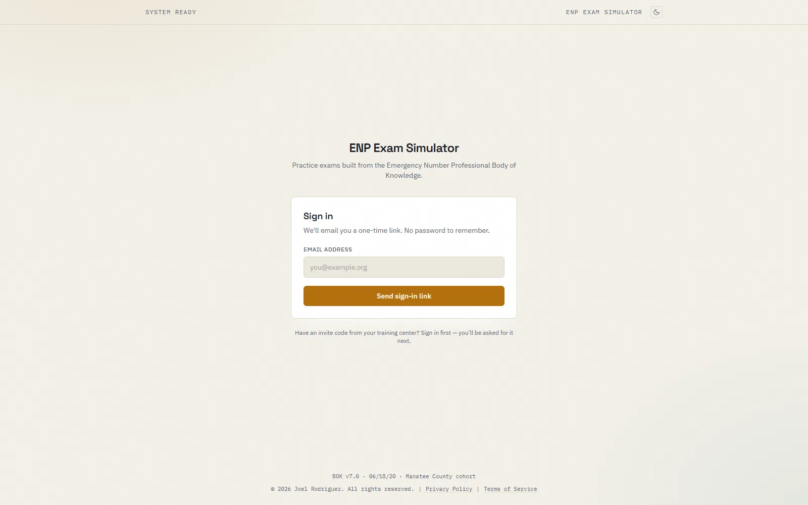 ENP Exam Simulator sign-in screen