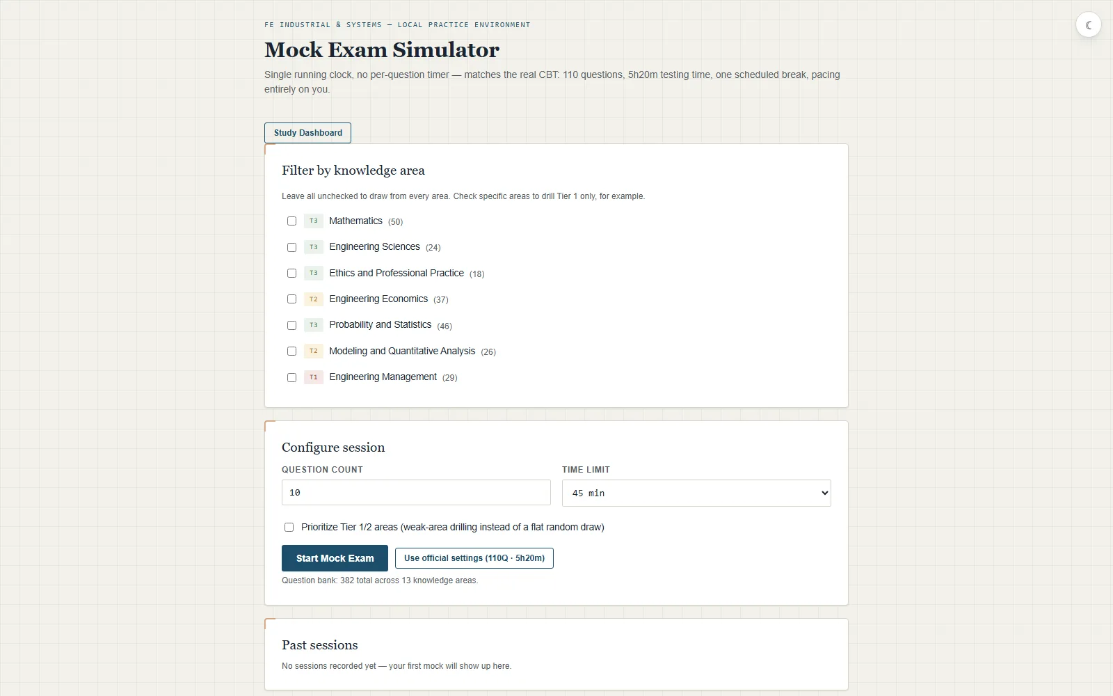 FE Industrial and Systems Mock Exam Simulator app screen