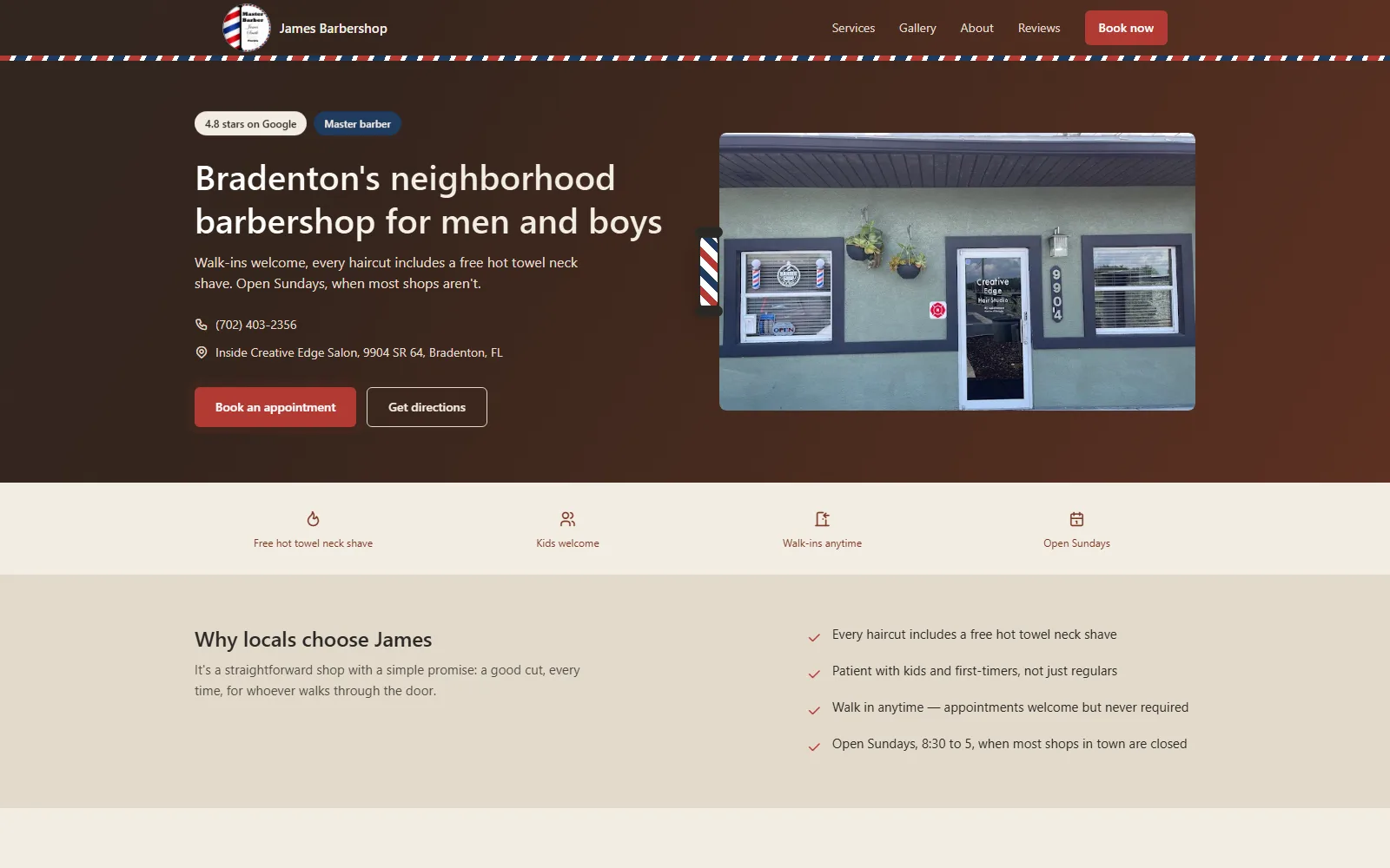 James Barber Shop website homepage