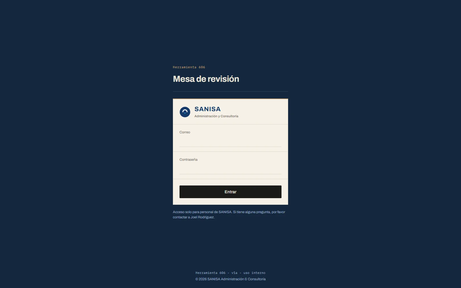 SANISA internal processing tool sign-in screen