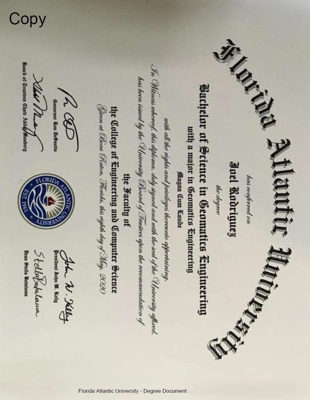 Florida Atlantic University Bachelor of Science in Geomatics Engineering diploma