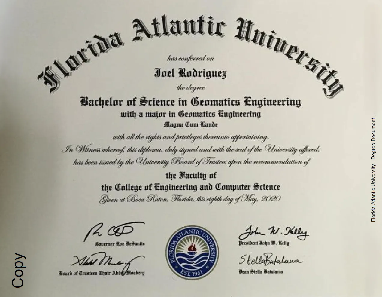 Florida Atlantic University Bachelor of Science in Geomatics Engineering diploma
