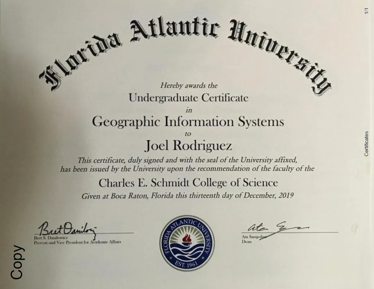 Florida Atlantic University Undergraduate Certificate in Geographic Information Systems